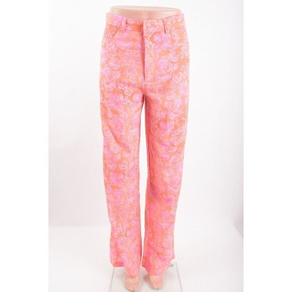 Zara Womens Linen Blend Trousers Pants XS Orange Pink Paisley 8042/010 NWT - Picture 1 of 7